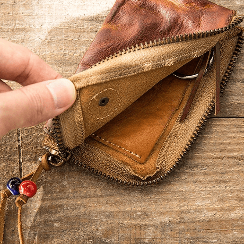 Men Genuine Leather Vinatge Car Key Wallet Texture Wear-Resistang Key Case Coin Purse - MRSLM