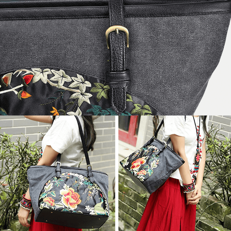 Women Canvas Ethnic Style Embroidered Floral Large Capacity Handbag Shoulder Bag Tote - MRSLM