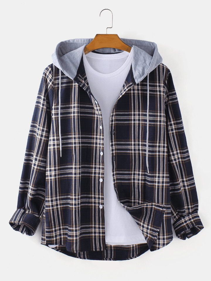 Mens Tartan Button up Long Sleeve Curved Hem Loose Fit Drawstring Hooded Jacket - MRSLM