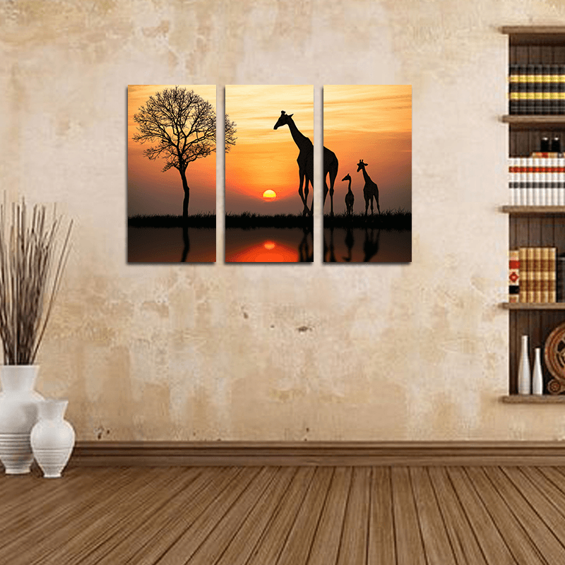 Miico Hand Painted Three Combination Decorative Paintings Giraffe in the Sunset Wall Art for Home Decoration - MRSLM