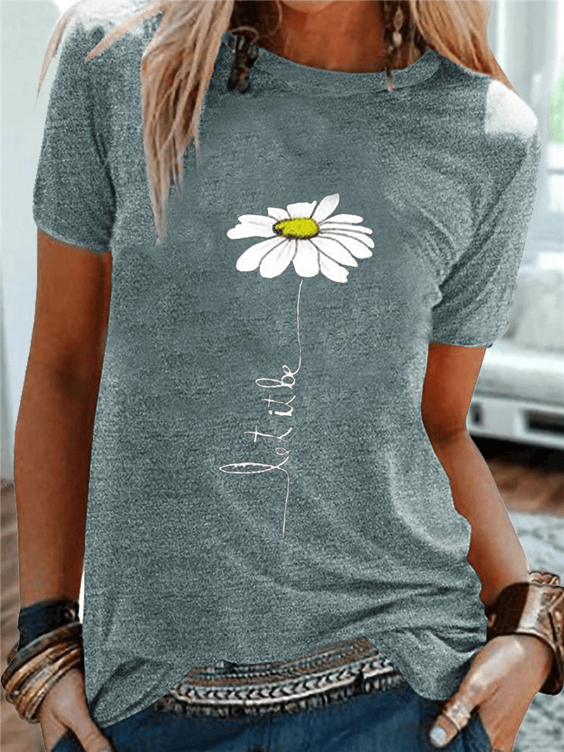 Women Daisy Embroidery round Neck Casual Short Sleeve T-Shirts - MRSLM