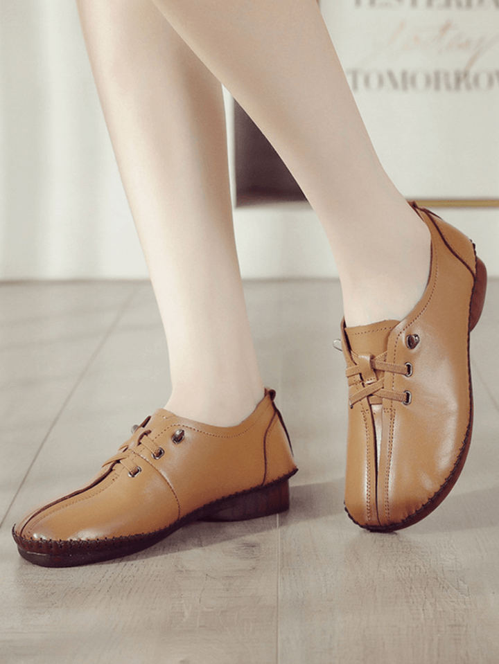 Women Comfy Stitching Genuine Leather Soft Lace up Flats Loafters - MRSLM