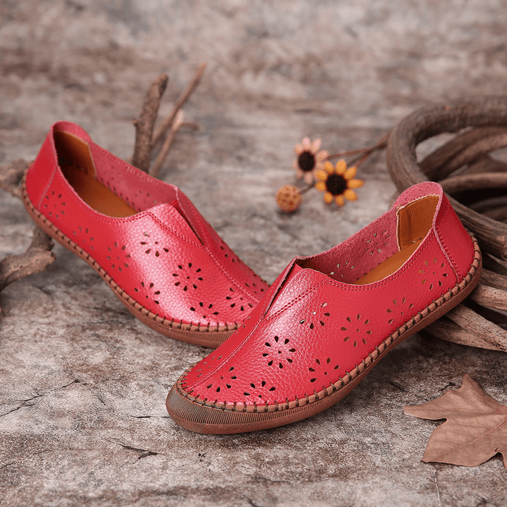 Women Genuine Leather Slip on Elastic Band Breathable Hollow Out Spring Causal Flats Loafers - MRSLM