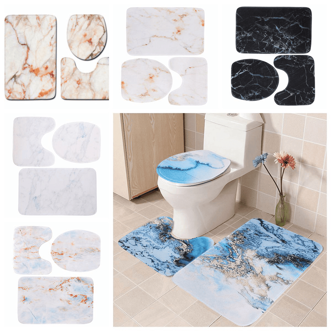 3PCS Marble Toilet Floor Door Bathroom Carpet Pedestal Rug Lid Cover Bath - MRSLM