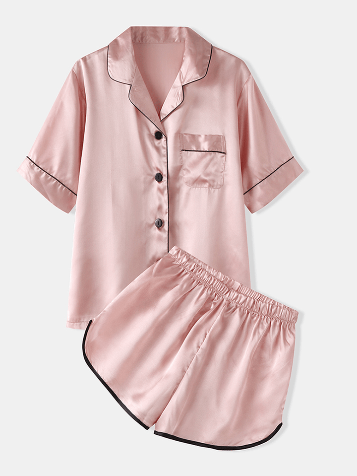 Women Colorful Striped Button up Revere Collar Pocket Home Ice Silk Pajama Set - MRSLM