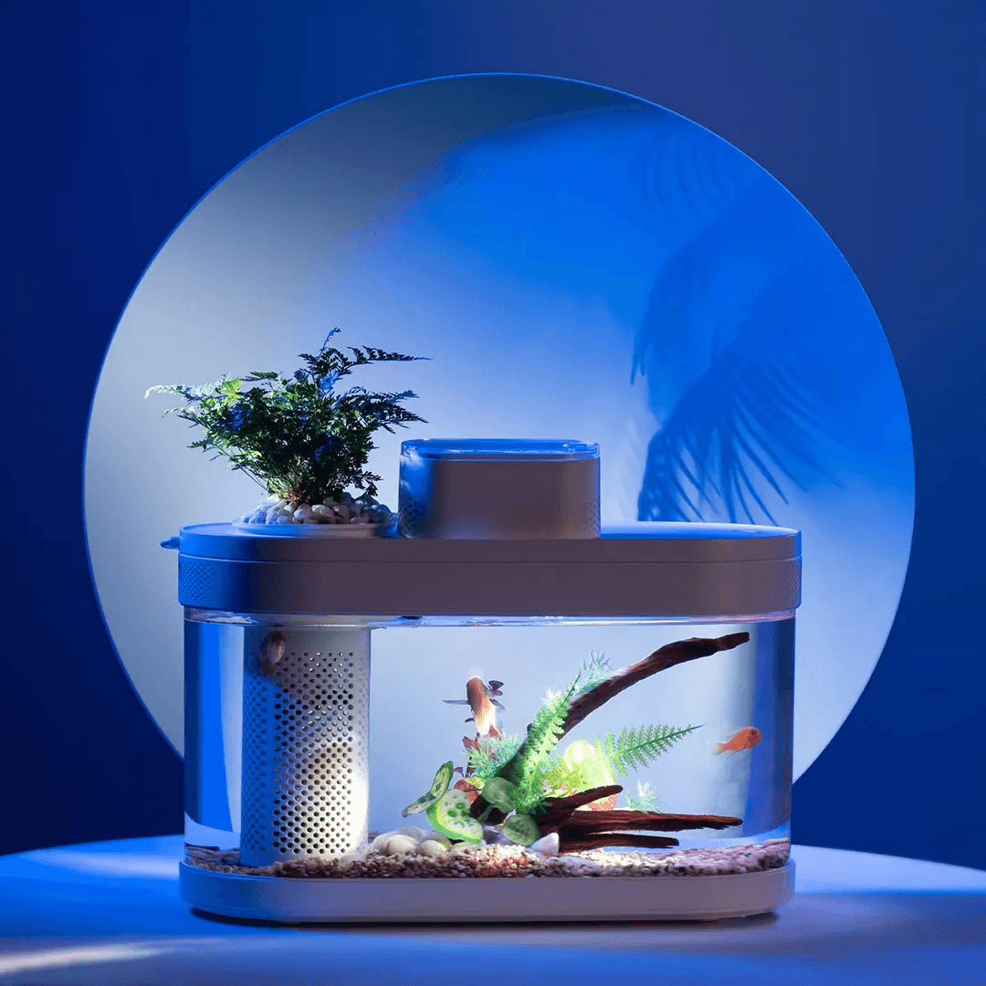 Descriptive Geometry Fish Tank from Smart Feeder 7 Colors LED Light Self-Cleaning High Efficiency Filtration Mini Aquarium with App Control - MRSLM