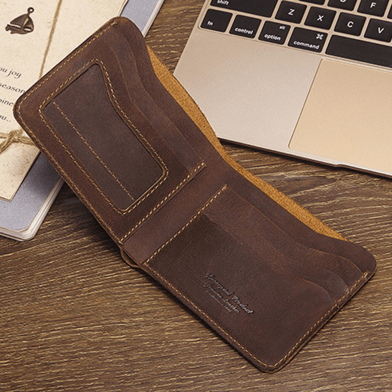 Men Genuine Leather Super Light Bifold Open Retro Short RFID Anti-Theft Cowhide Card Holder Coin Wallet - MRSLM