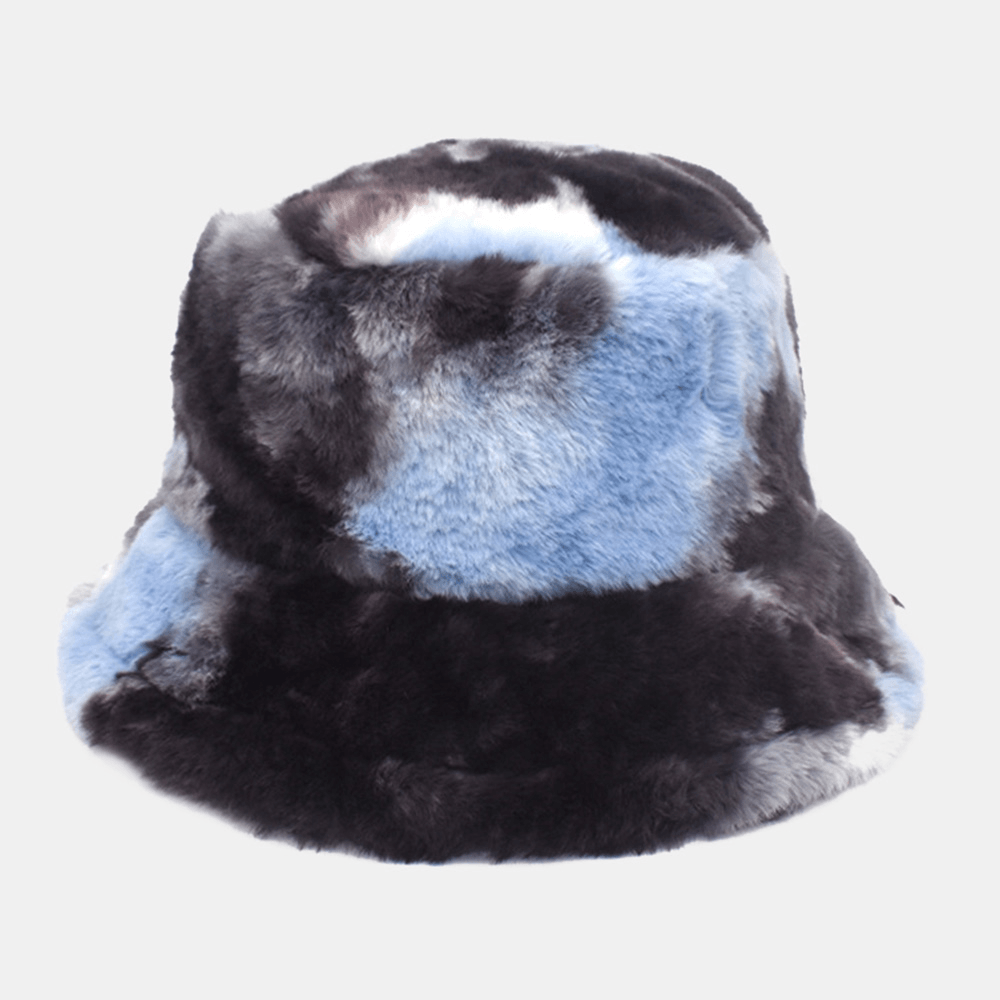 Unisex Faux Rabbit Fur Colorful Gradient Tie-Dye Bucket Hat Winter Thicken Warmth Windproof Fashion Sunshade Hat - MRSLM