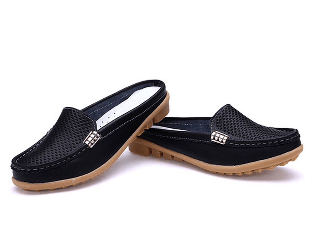 US Size 5-10 New Women Casual Fashion Breathable round Toe Slip-On Leather Flat Sandals Shoes - MRSLM