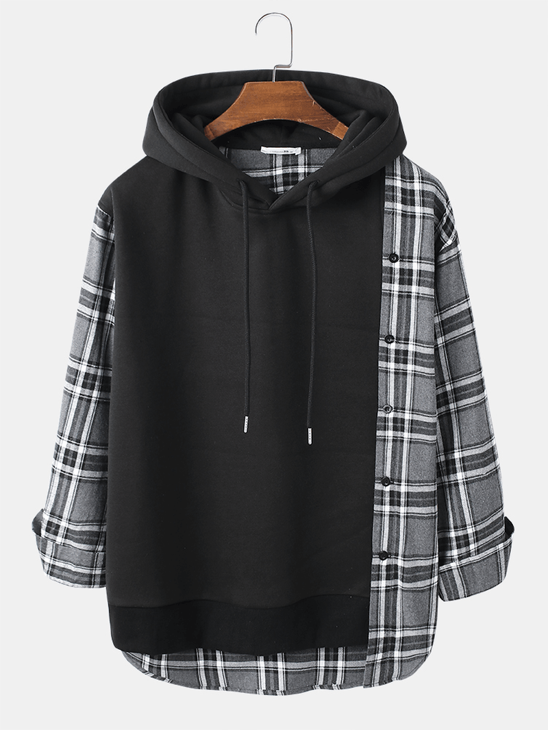 Mens Plaid Patchwork Curved Hem Long Sleeve Hoodies - MRSLM