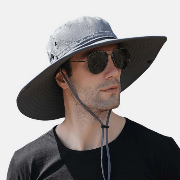 Men Dual-Use Anti-Uv Bucket Hat Big Brim Windproof Rope Adjustable Outdoor Fishing Sunshade Hat - MRSLM