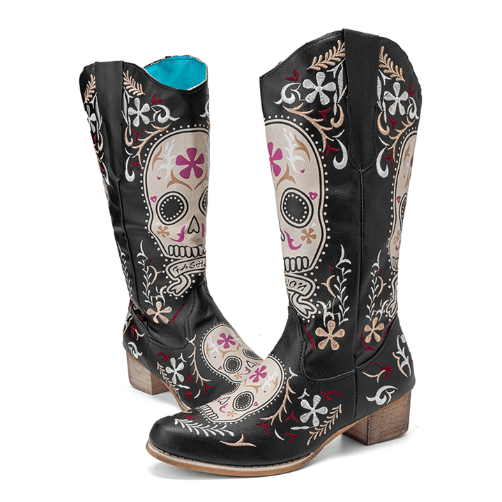 Women Color Kartoon Printed Embroidered Wear Resistant Chunky Heel Mid-Calf Boots - MRSLM