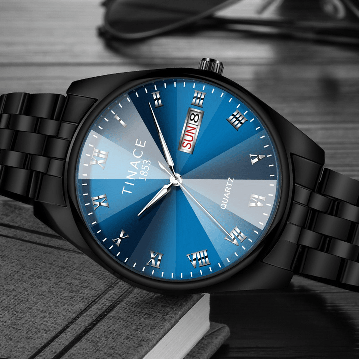 TINACE Men Luminous Display Fashion Blue Black Dial Day Week Display Stainless Steel Quartz Watch - MRSLM