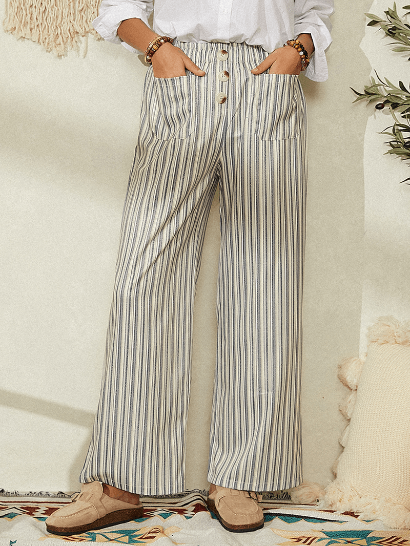 Women Classic Striped Print Elasitc Waist Button Detail Casual Pants with Pockets - MRSLM