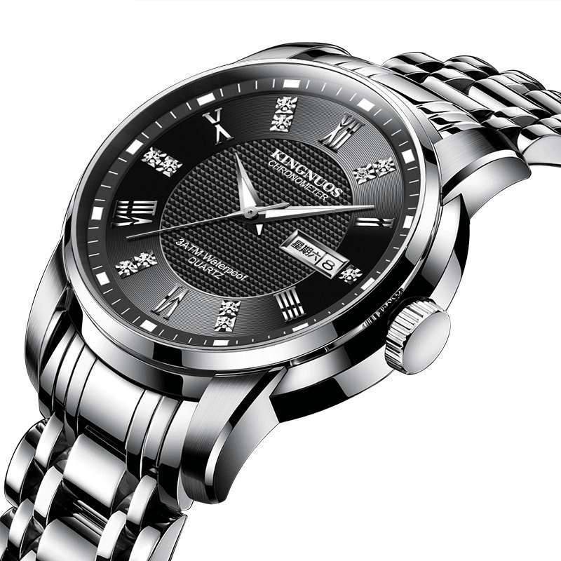 KINGNUOS K-1683 Fashion Men Watch Date Week Display Stainless Steel Strap Business Quartz Watch - MRSLM