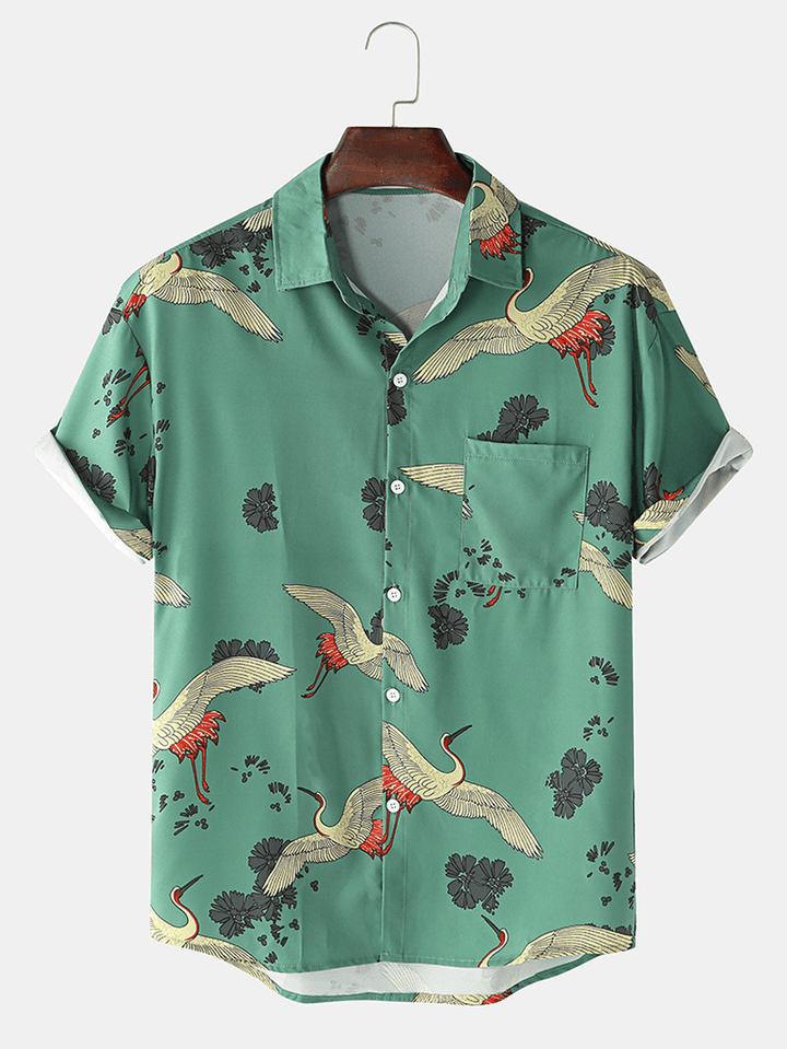 Mens Cotton Crane Print Turn Collar Short Sleeve Shirts - MRSLM