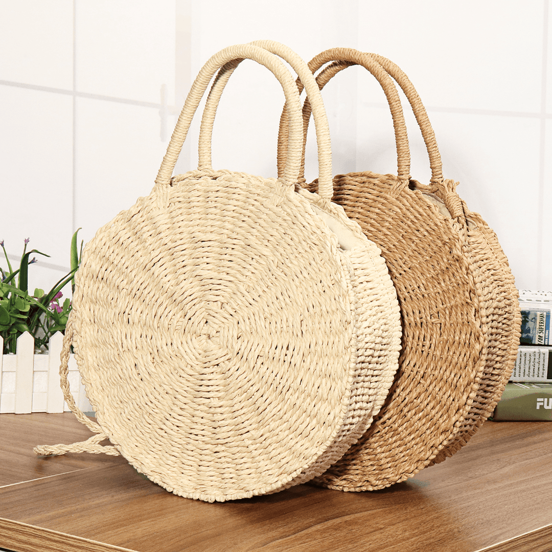 Women Hand Woven Bag round Rattan Straw Bohemia Style Beach Circle Beach Bags - MRSLM