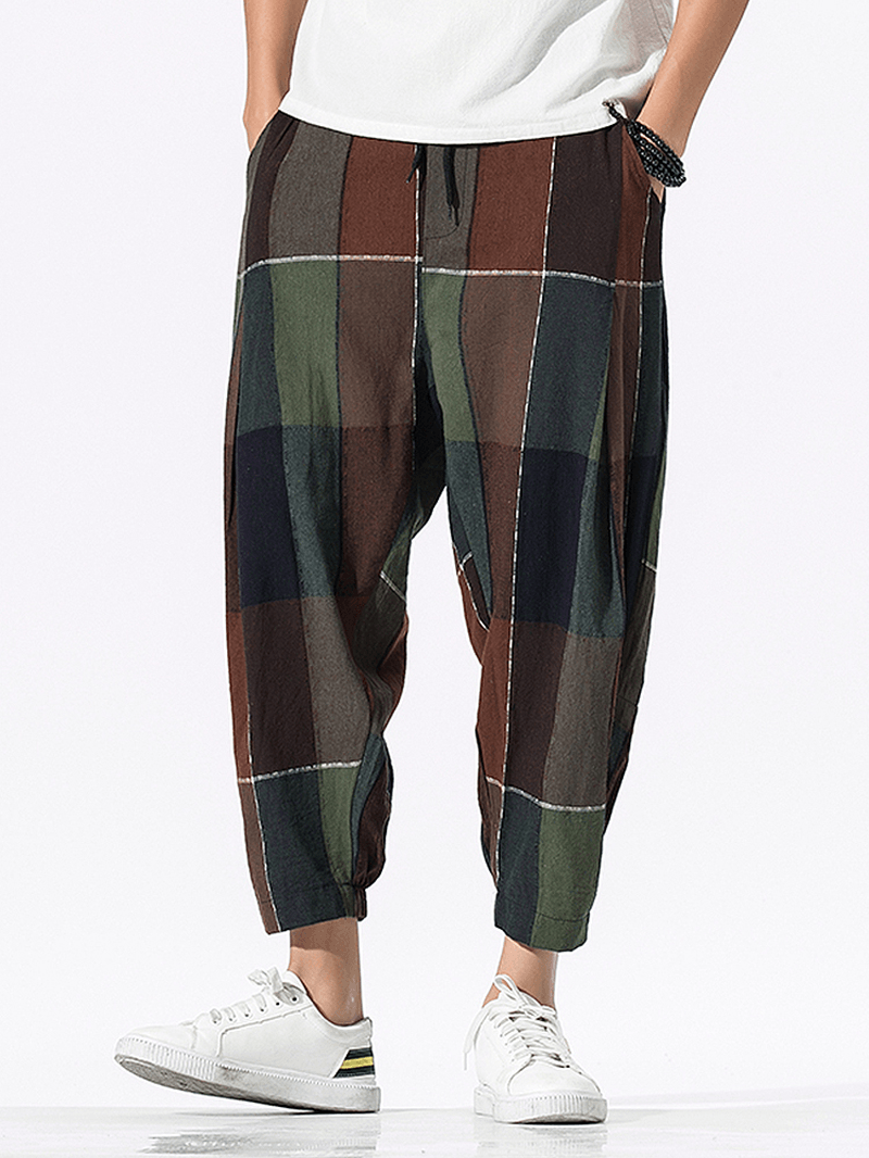 Mens 100% Cotton Plaid Drawstring Elastic Leg Casual Pants with Pocket - MRSLM