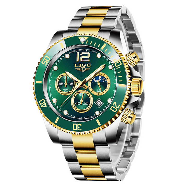 LIGE 8924 Business Casual Multifunctional Luminous Pointer with Small Dials Chronograph Stainless Steel Strap 3ATM Waterproof Men Quartz Watch Wristwatch - MRSLM