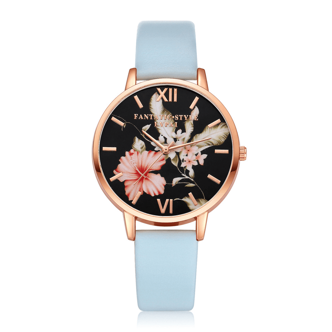 LVPAI Fashion Flower Pattern PU Leather Strap Womenwrist Watch Ladies Dress Quartz Watch - MRSLM