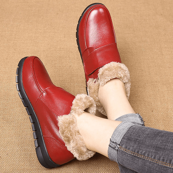 Genuine Leather Cotton Shoes Casual Slip on Fur Lining Boots - MRSLM