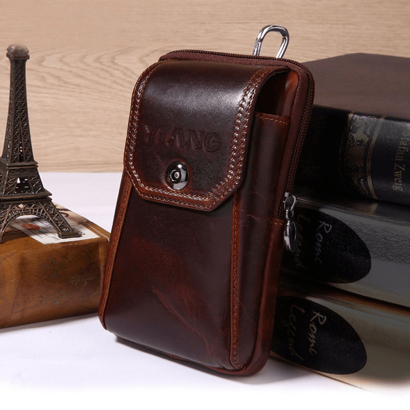 Men Genuine Leather Retro Multifunction 6 Inch Phone Bag Crossbody Bag Waist Bag - MRSLM