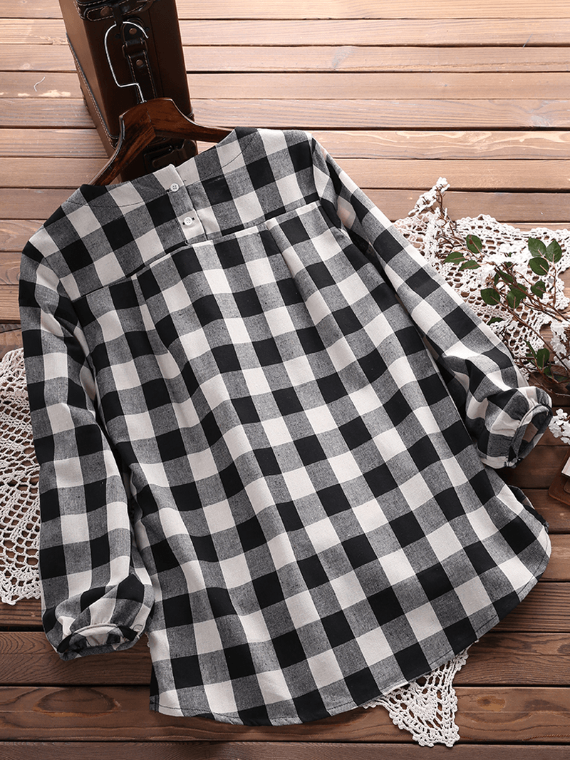 Casual Loose Plaid Long Sleeve Women Blouse - MRSLM