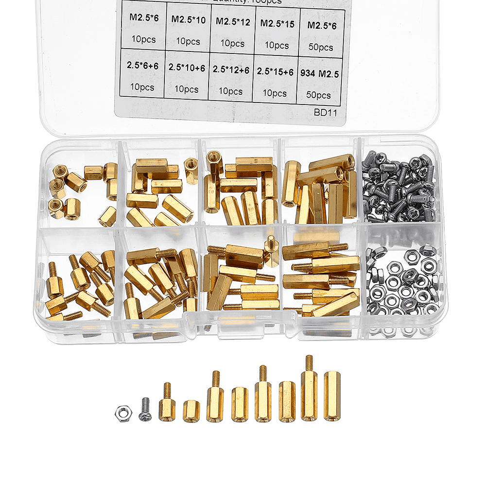 Suleve™ M2.5BH1 180Pcs M2.5 Brass Male-Female Hex Column Standoff Support Spacer Pillar Cross Screw Nut Assortment for PCB Board - MRSLM