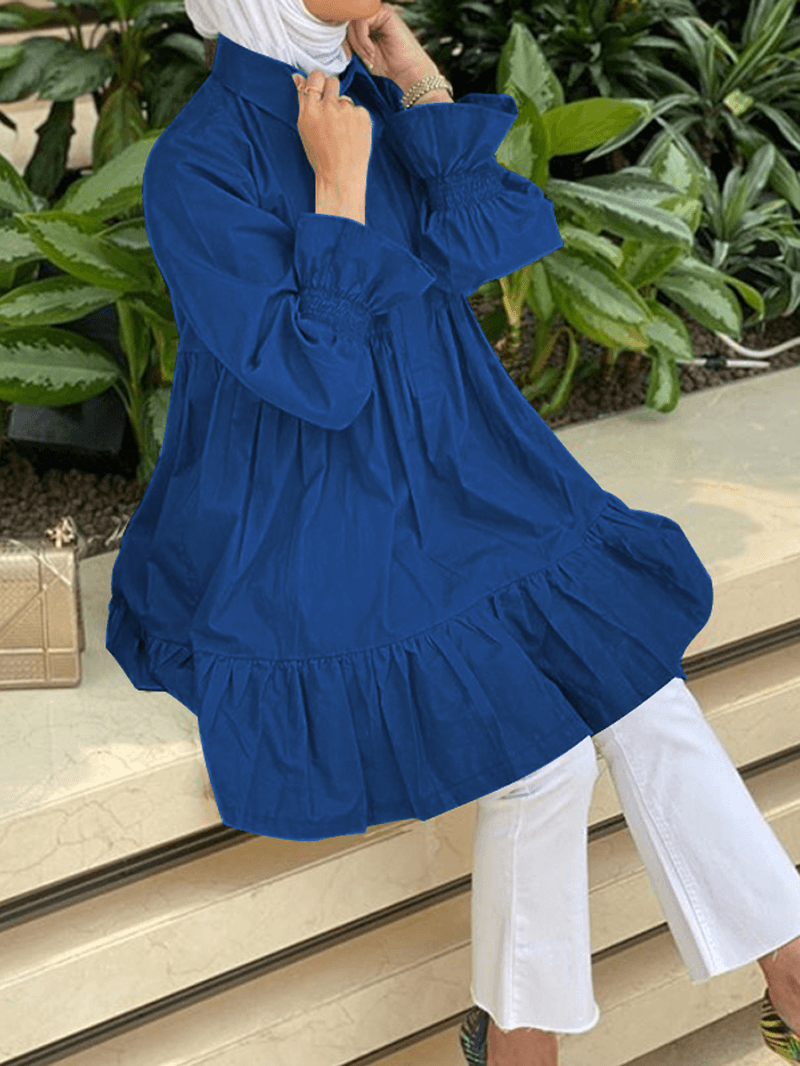 Women Half Button Lapel Tiered Ruffle Sleeve Solid Casual Blouses - MRSLM