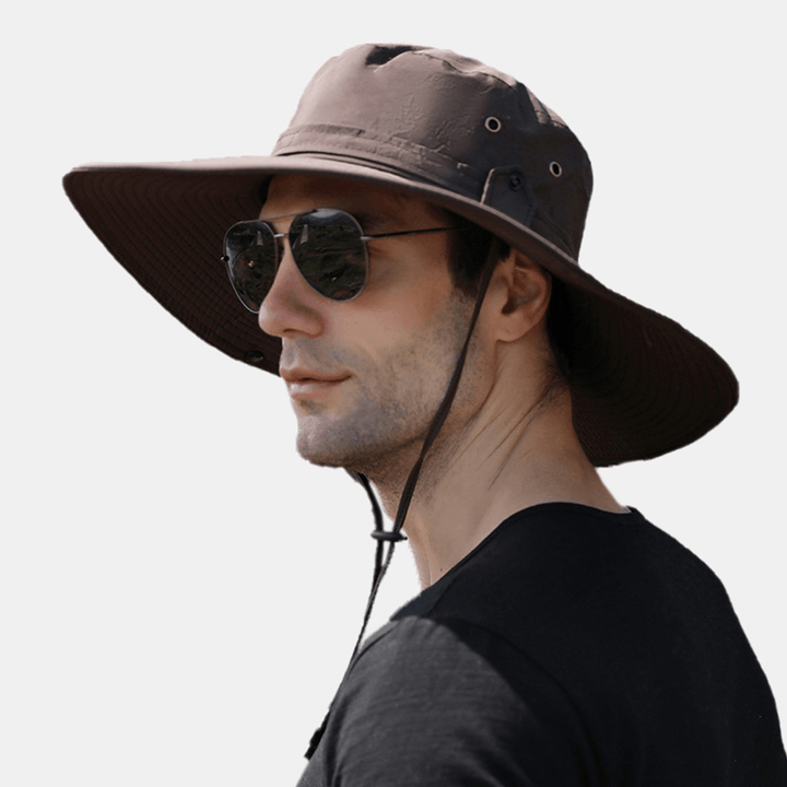 Men Dual-Use Anti-Uv Bucket Hat Big Brim Windproof Rope Adjustable Outdoor Fishing Sunshade Hat - MRSLM