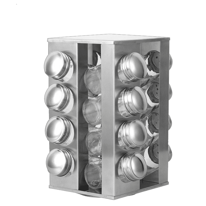 360° Stainless Steel Rotating Spice Rack Container with 16 Glass Jar Counter Kitchen Organizer Kitchen Storage - MRSLM