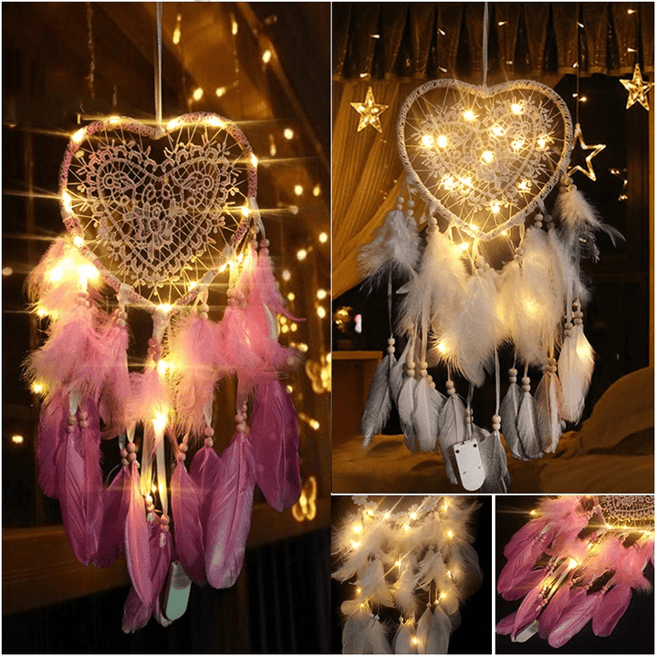 LED Light Dreamcatcher Feather Bedroom Heart Shape Bedroom Home Decoration Livingroom Dreamcatcher Gift Decorations - MRSLM