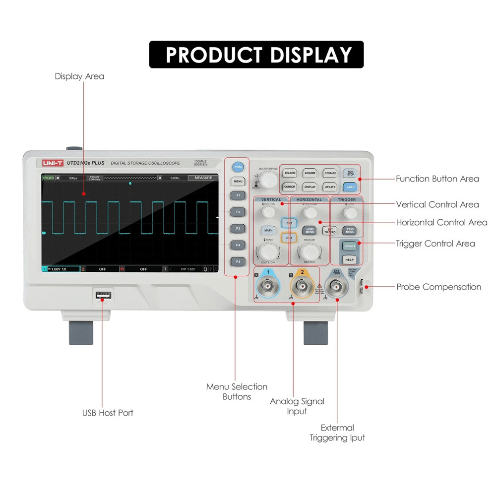 UNI-T Utd2102E plus Digital Oscilloscope with 7-Inch LCD Display Scopemeter with 100Mhz Bandwidth 2 Channels 500MS/S Real Time Sample Rate 64Kpts Depth Storage - MRSLM