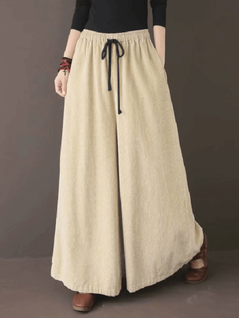 Women Retro Corduroy Solid Casual Drawstring Elastic Waist Wide Leg Pants with Pocket - MRSLM