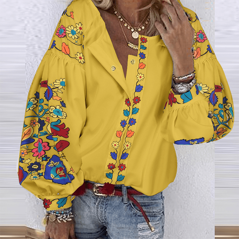 Puff Sleeve Casual Loose O-Neck Floral Ethnic Style Blouse - MRSLM