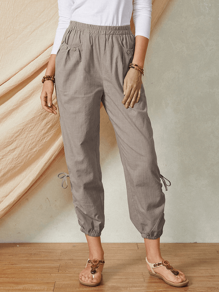 Solid Color Pocket Elastic Waist Drawstring Design Casual Cotton Women Pants - MRSLM