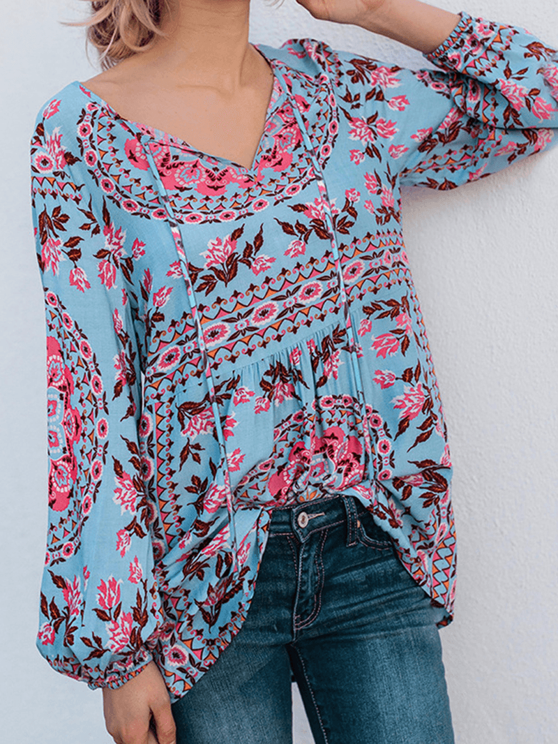 Women V Neck Boho Floral Print Blouse - MRSLM