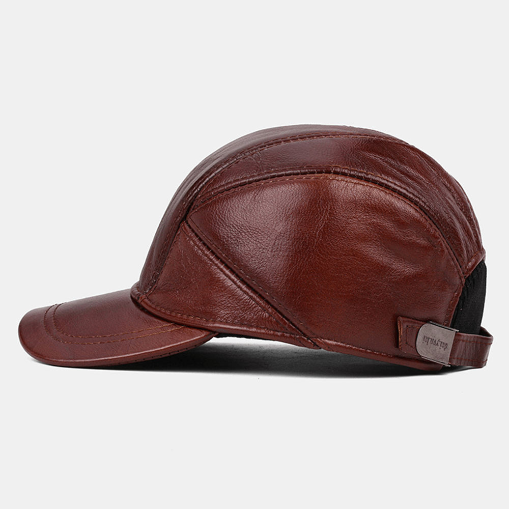 Men Genuine Leather Adjustable round Top Ear Protection Large Brim Keep Warm Baseball Hat - MRSLM