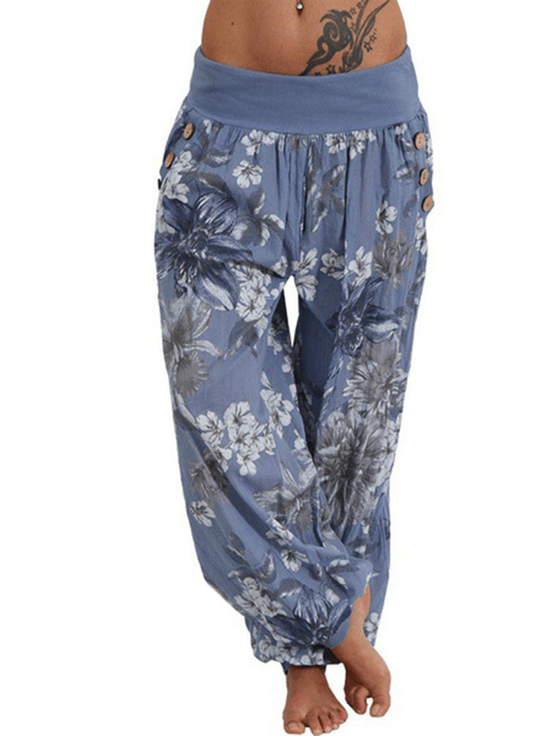 Women Casual Loose Floral Print Button Full Length Pants - MRSLM