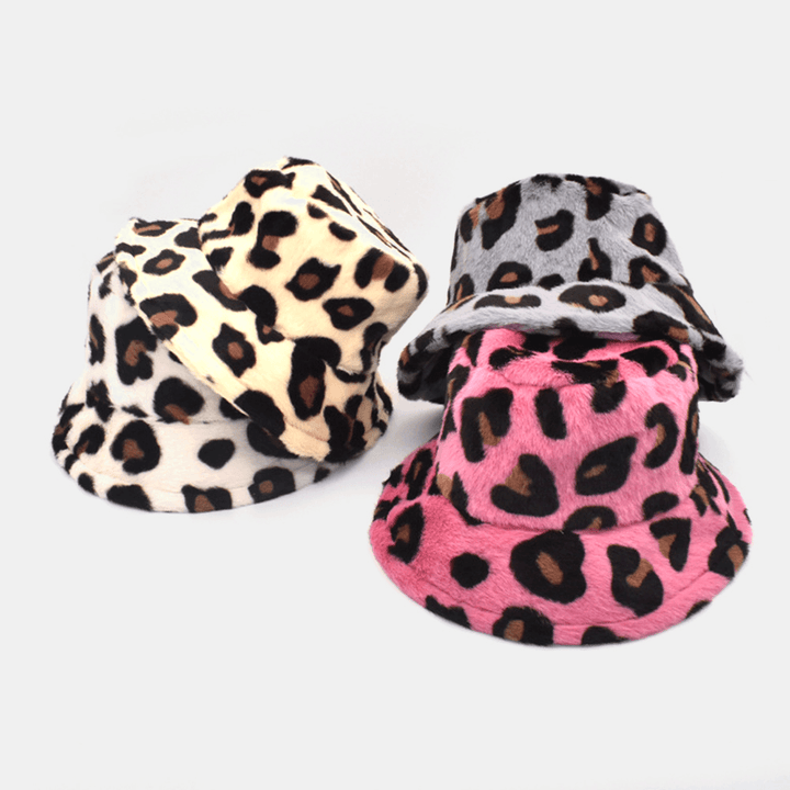 Unisex Plush Soft Warm Casual All-Match Cute Leopard Pattern Bucket Hat - MRSLM