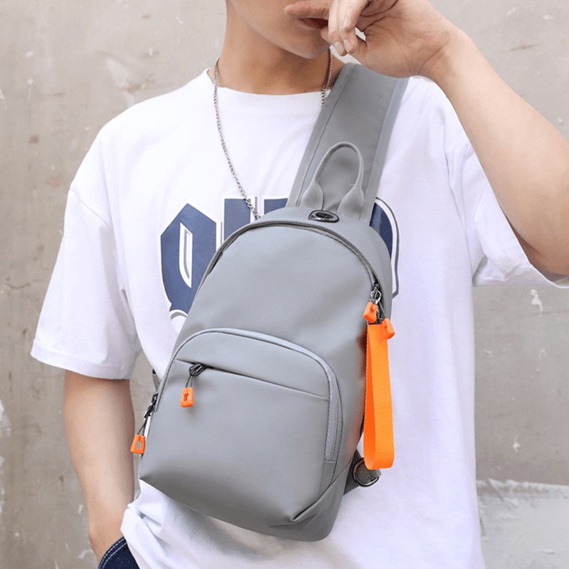 Men Nylon Earphone Hole Waterproof Outdoor Crossbody Bag Chest Bag Sling Bag - MRSLM