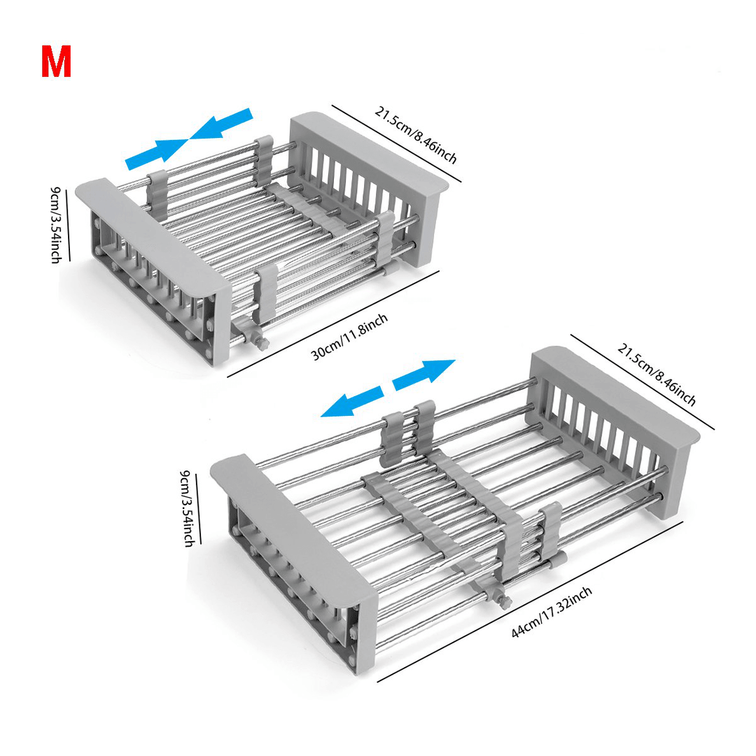 Kitchen Sink Stainless Steel Drain Basket Telescopic Multifunctional Fruit Washing Basket Dish Rack - MRSLM