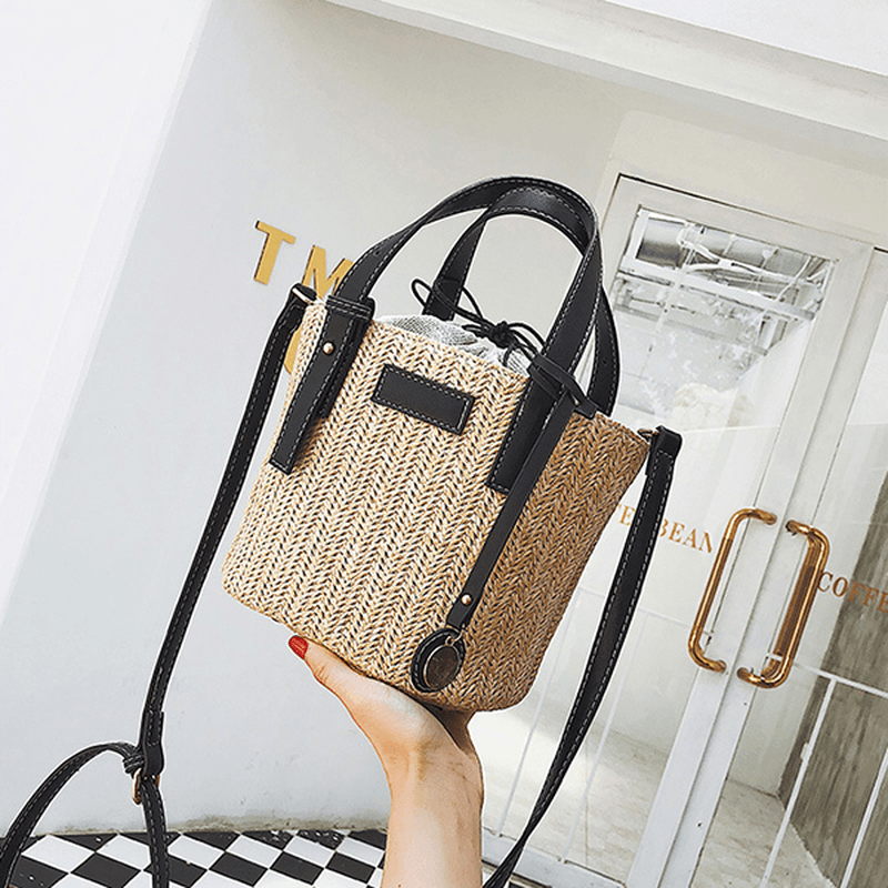 Straw Beach Bag Bucket Bag Handbag Shoulder Bag for Women - MRSLM