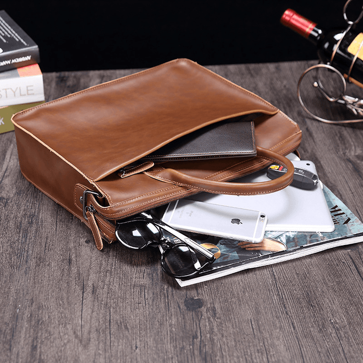 Men Horizontal Multi-Pocket Multi-Compartment Briefcase Vintage PU Leather 14 Inch Laptop Bag Crossbody Bag Shoulder Bag Handbag - MRSLM