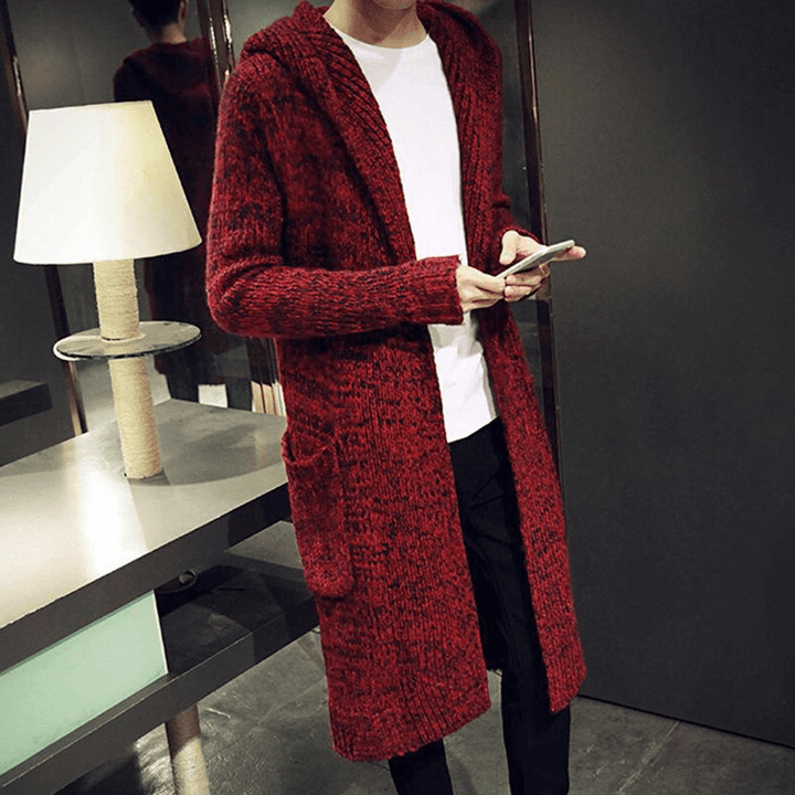 Men'S Hooded Mohair Loose Long Sweater Cardigan Fashion Pocket Knit Sweater Jacket - MRSLM