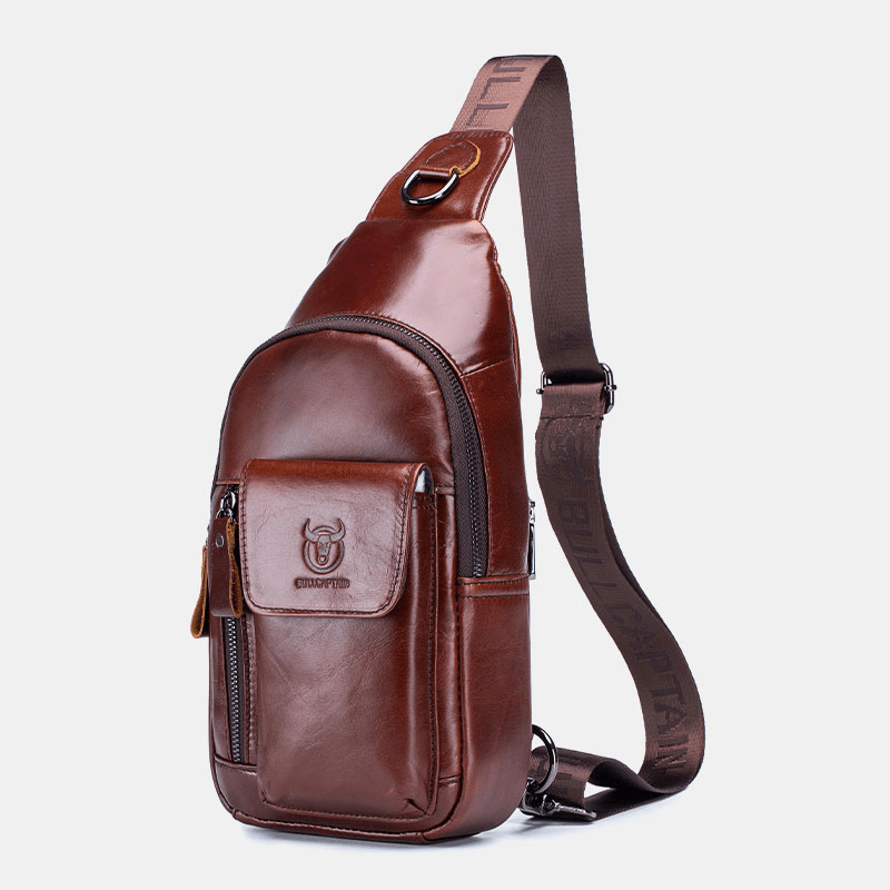 Men Genuine Leather Earphone Hole Retro Solid First Layer Leather Shoulder Bag Chest Bag - MRSLM