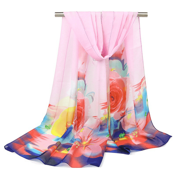 Women Summer Thin Chiffon Scarf Travel Rose Flowers Breathable Shawl - MRSLM