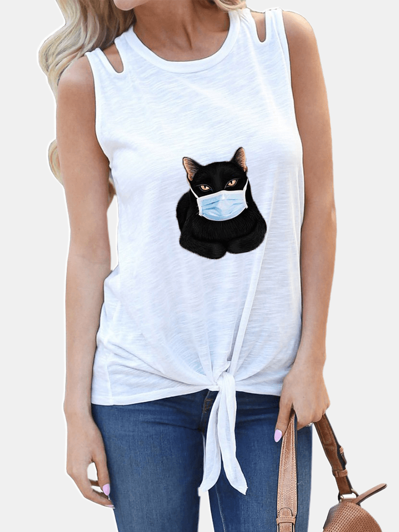 Cartoon Cat Printed Sleeveless Women Casual Tank Tops - MRSLM