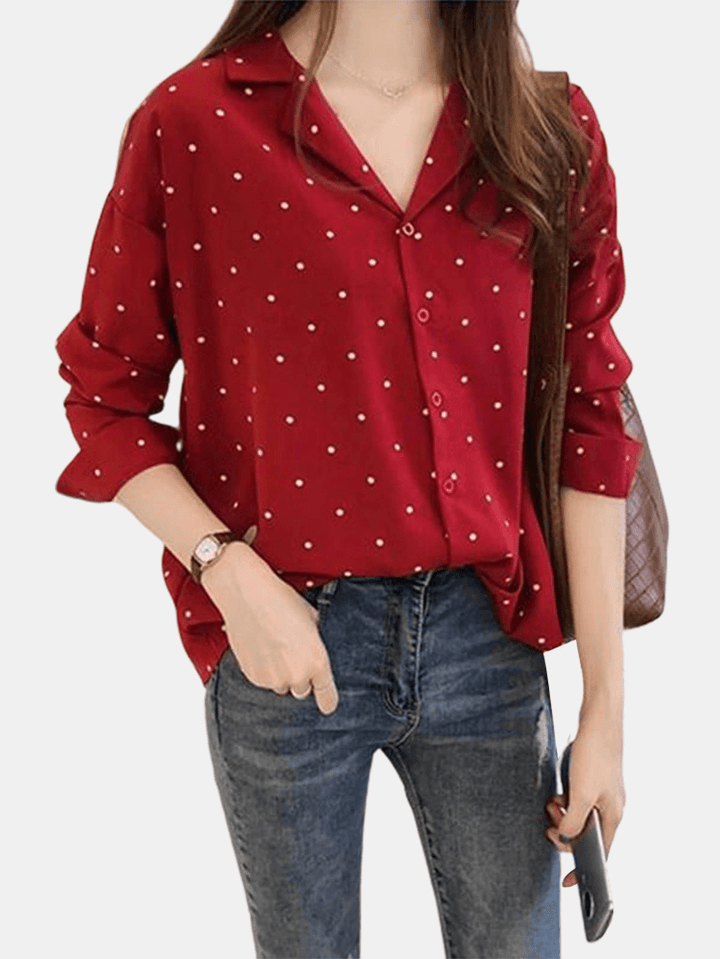 Polka Dot Print V-Neck Long Sleeve Casual Blouse - MRSLM