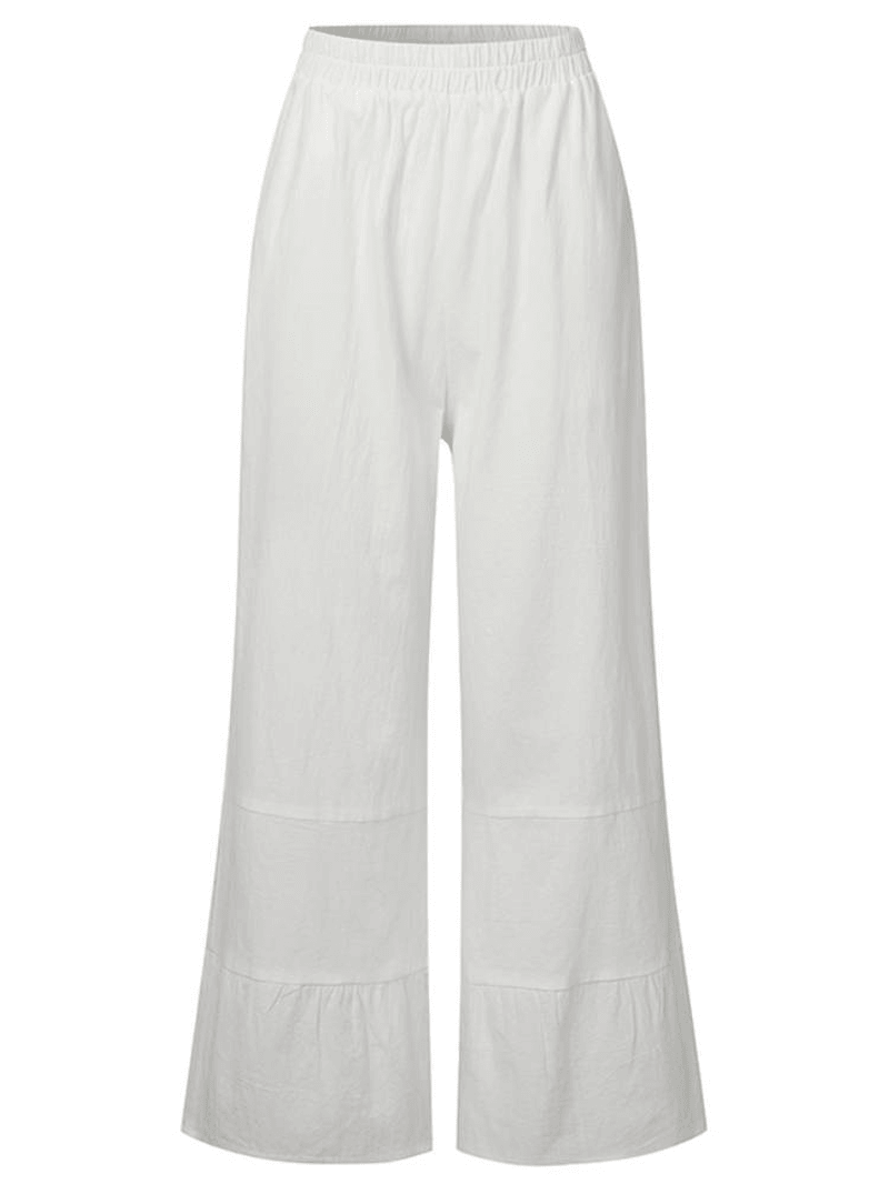 Women Cotton Plain Ruffle Cuff Elastic Waist Loose Casual Solid Wide Leg Pants - MRSLM